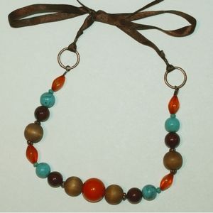 🧡🌊 Orange, Turquoise & Brown Ribbon-Tie Necklace · Adjustable 🌊🧡